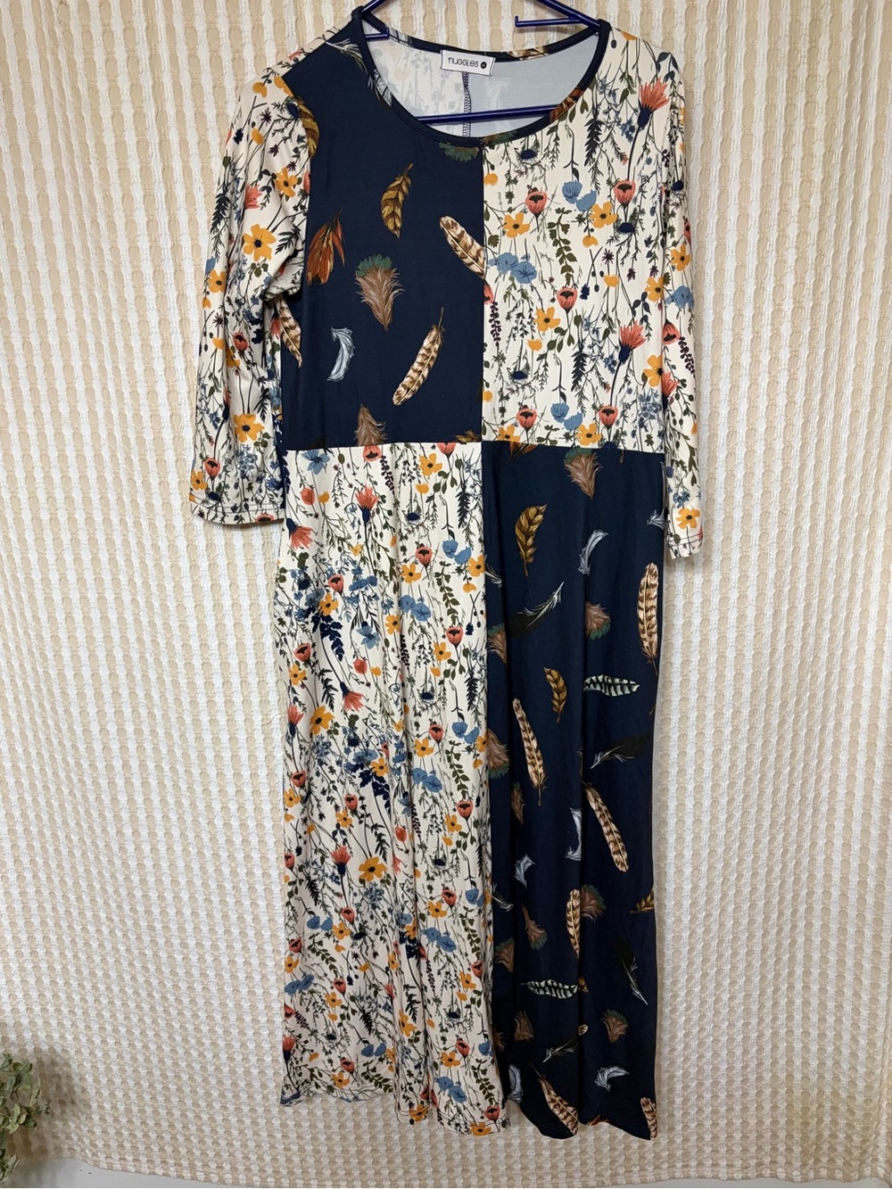 Navy & Cream Patchwork Feather Floral Dress